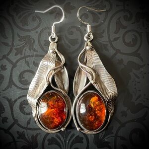 Big Vintage Sterling Silver Amber Leaf Vine Earrings 925